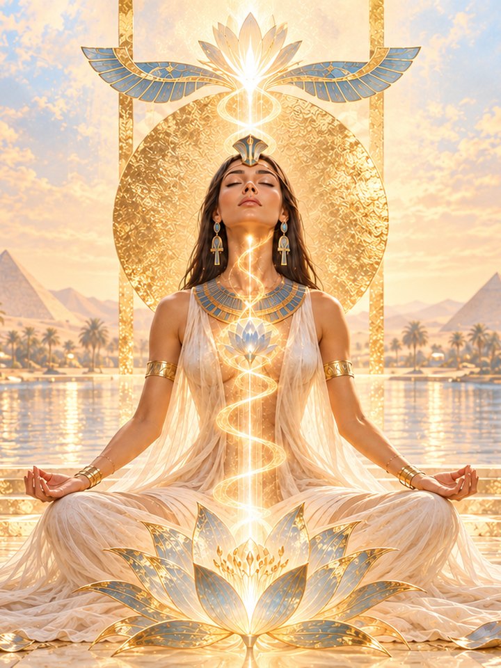 A priestess meditating among Blue Lotus flowers in an Egyptian temple beside the Nile