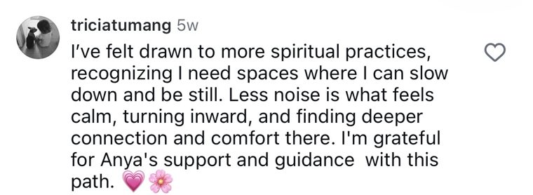 Instagram comment from @triciatumang: I need spaces where I can slow down and be still. I'm grateful for Anya's support and guidance with this path.