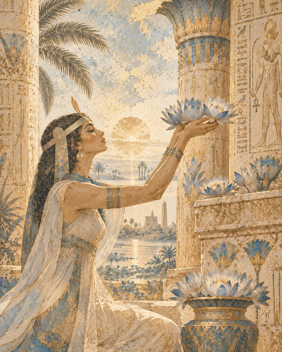 An Egyptian priestess offering Blue Lotus flowers in a temple beside the Nile