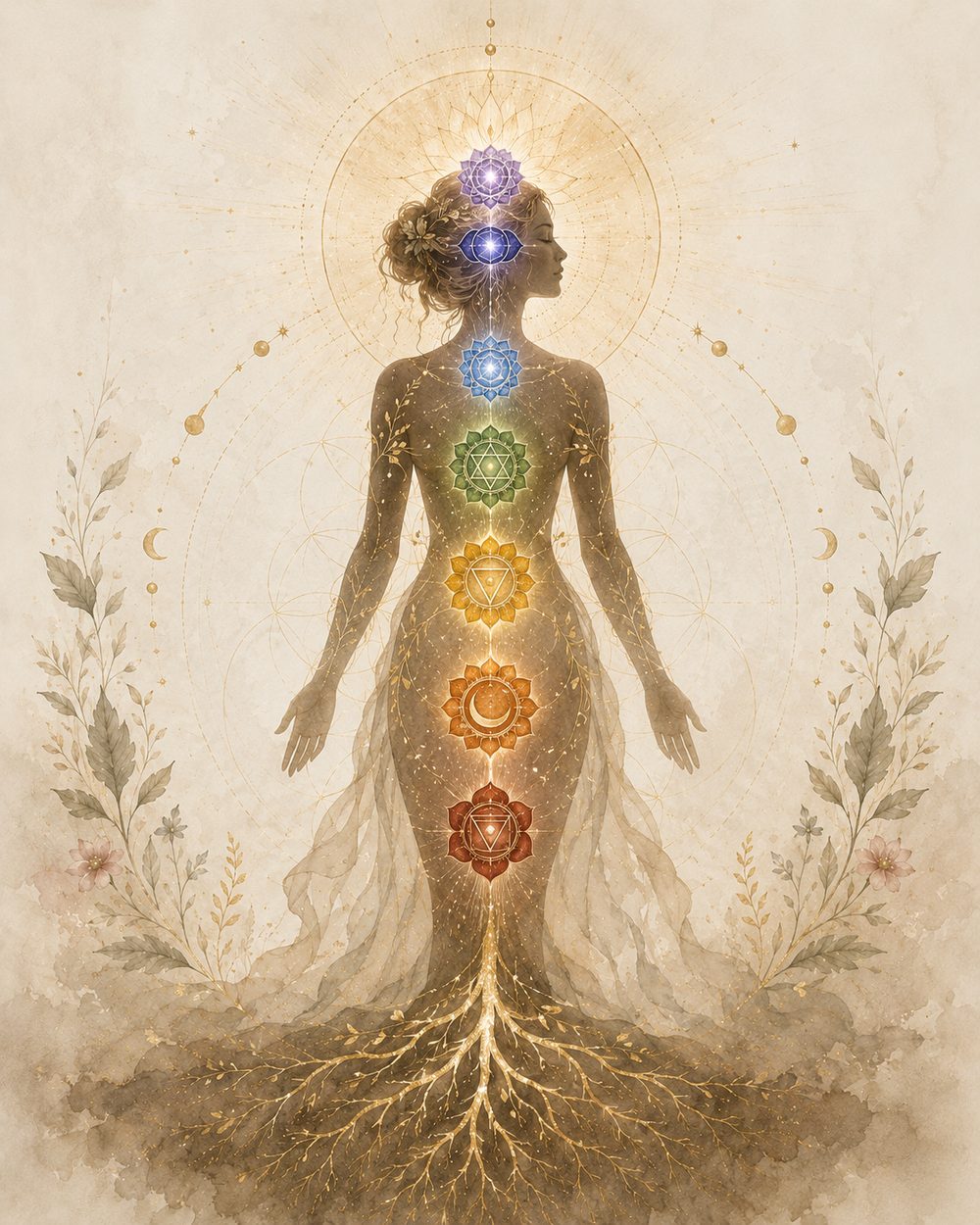Watercolor of a woman standing rooted like a tree, seven chakra emblems glowing along her spine