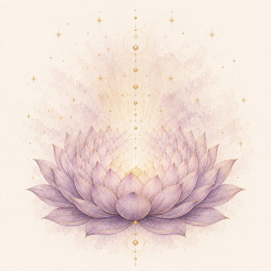 Crown chakra watercolor: a soft violet thousand-petal lotus opening upward into gold rays and stars