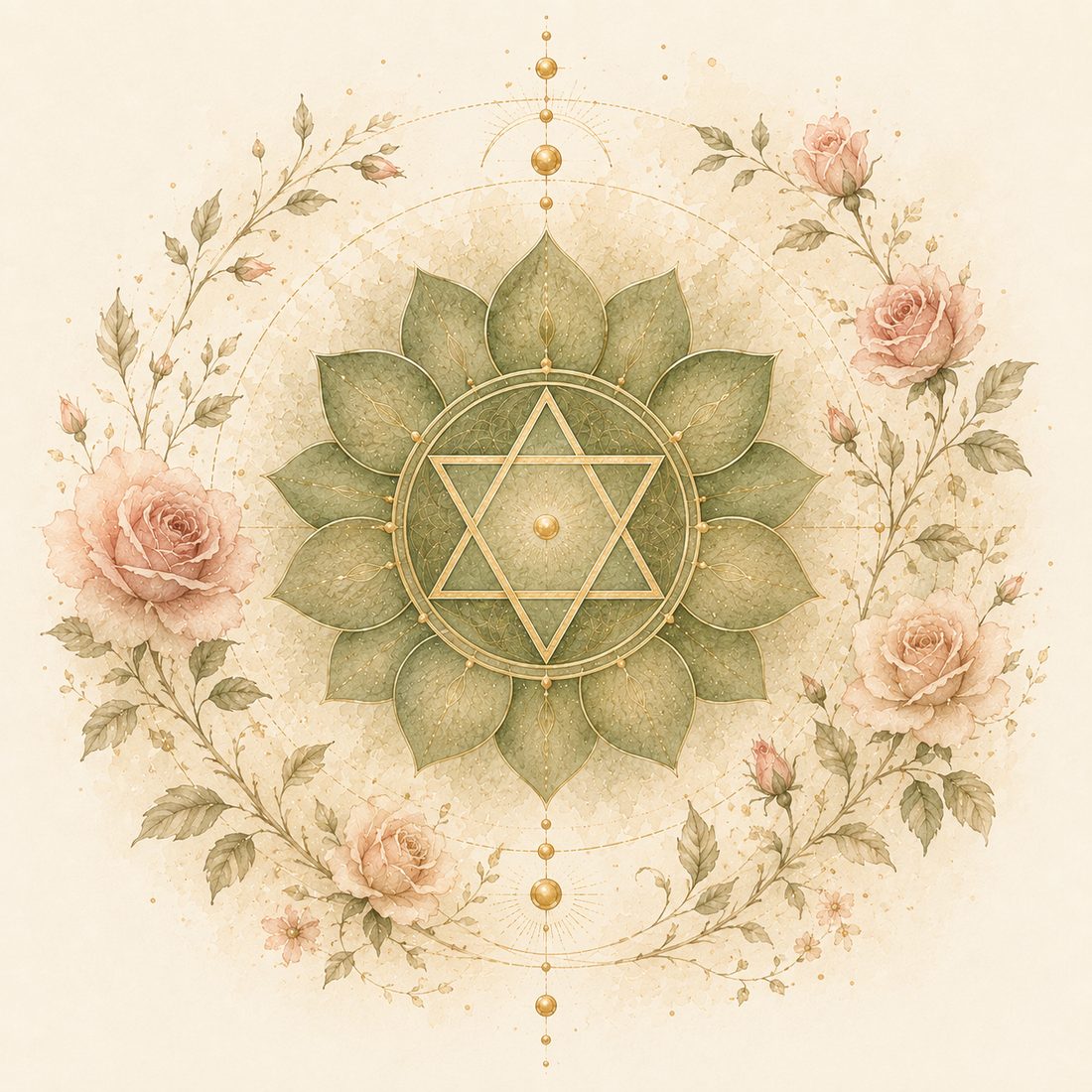 Heart chakra watercolor: a sage-green twelve-petal lotus with a gold six-pointed star, wreathed in pink roses