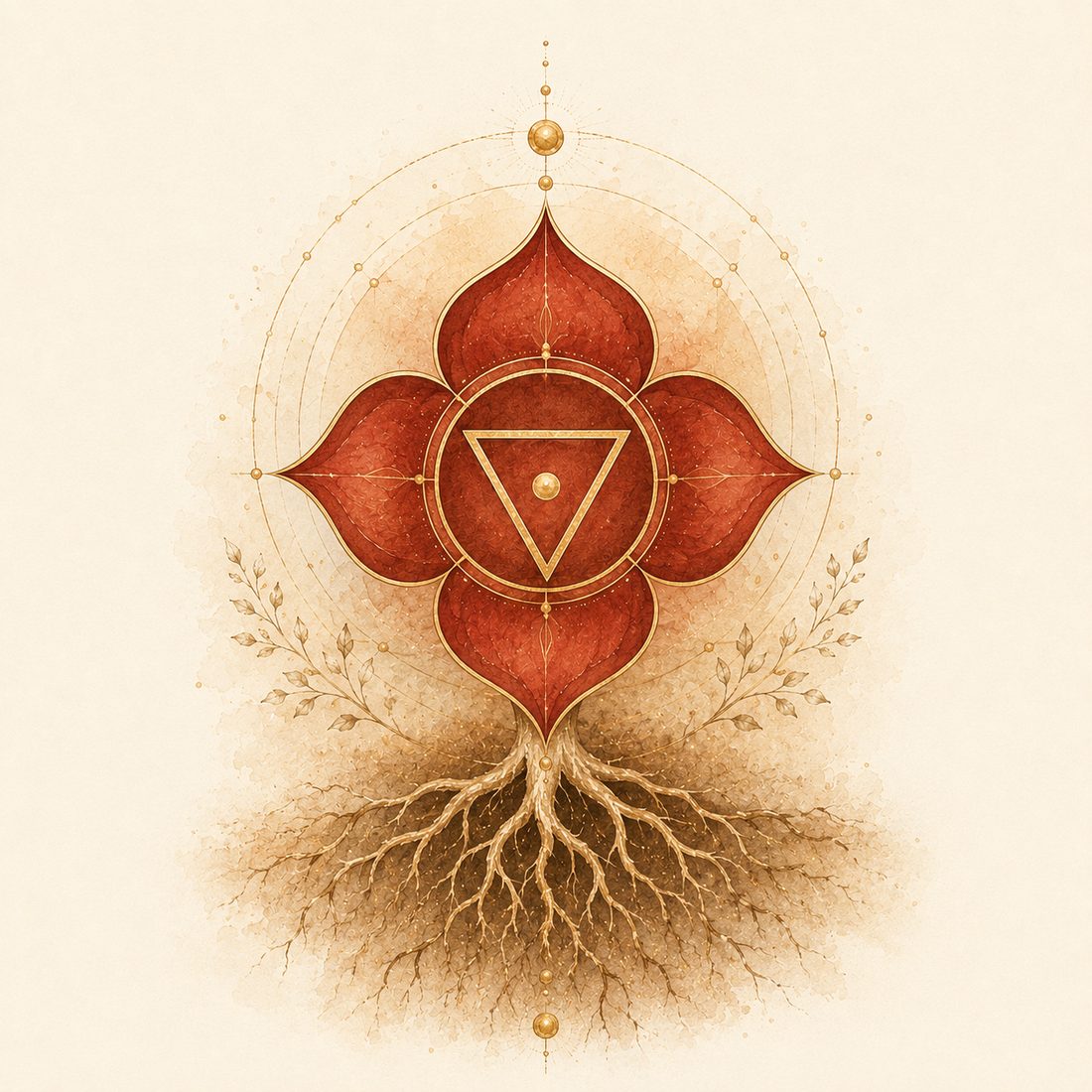 Root chakra watercolor: a deep red four-petal lotus with a gold downward triangle, roots descending into soft earth