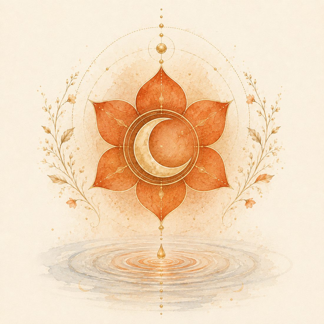 Sacral chakra watercolor: a burnt-orange six-petal lotus holding a gold crescent moon above rippling water