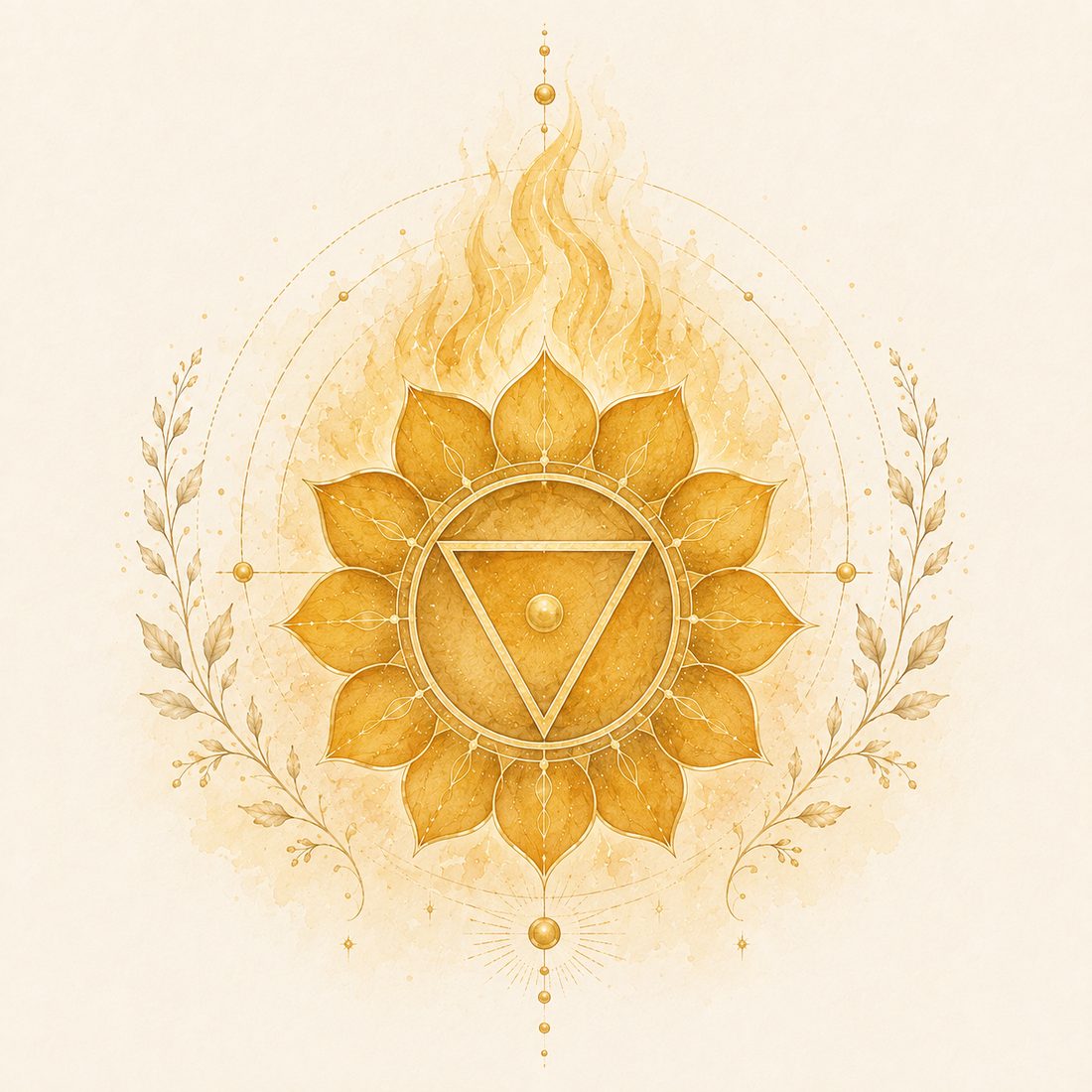 Solar plexus chakra watercolor: a golden ten-petal lotus with a gold downward triangle and a soft flame rising behind it