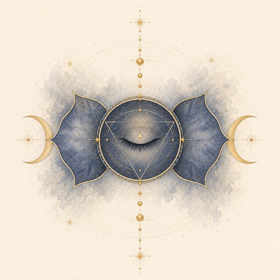 Third eye chakra watercolor: an indigo two-petal lotus with a serene closed eye, flanked by gold crescent moons