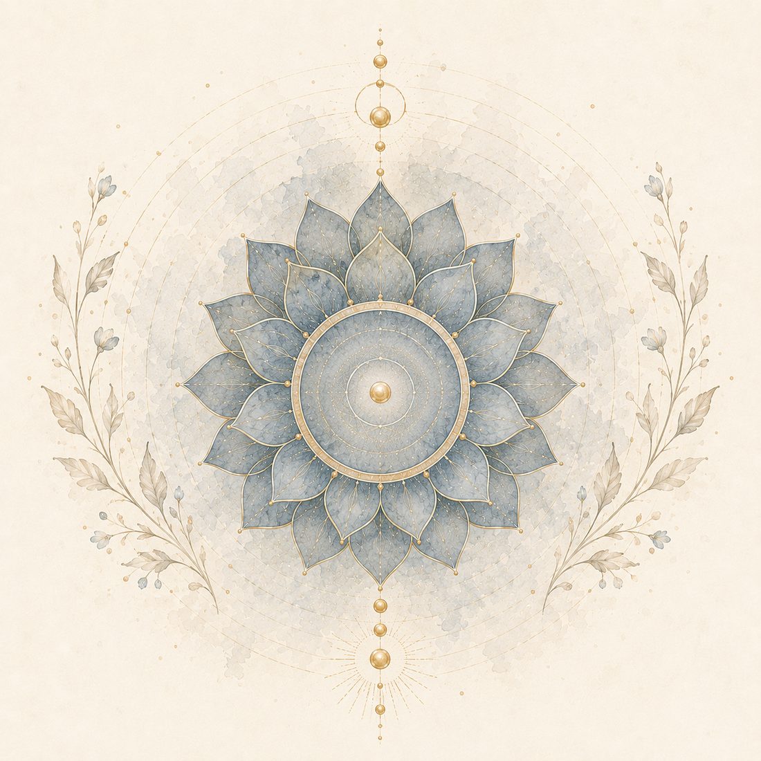 Throat chakra watercolor: a slate-blue sixteen-petal lotus with gold concentric rings at its center