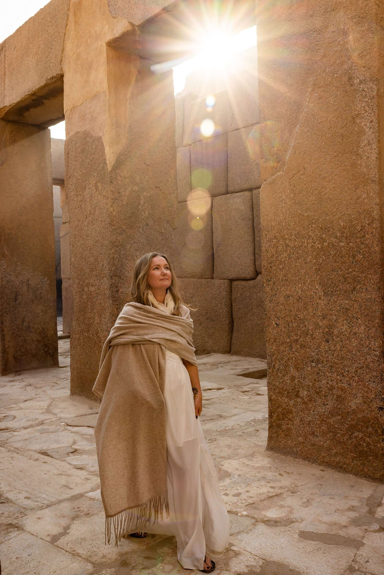 Anya in an Egyptian temple at sunrise