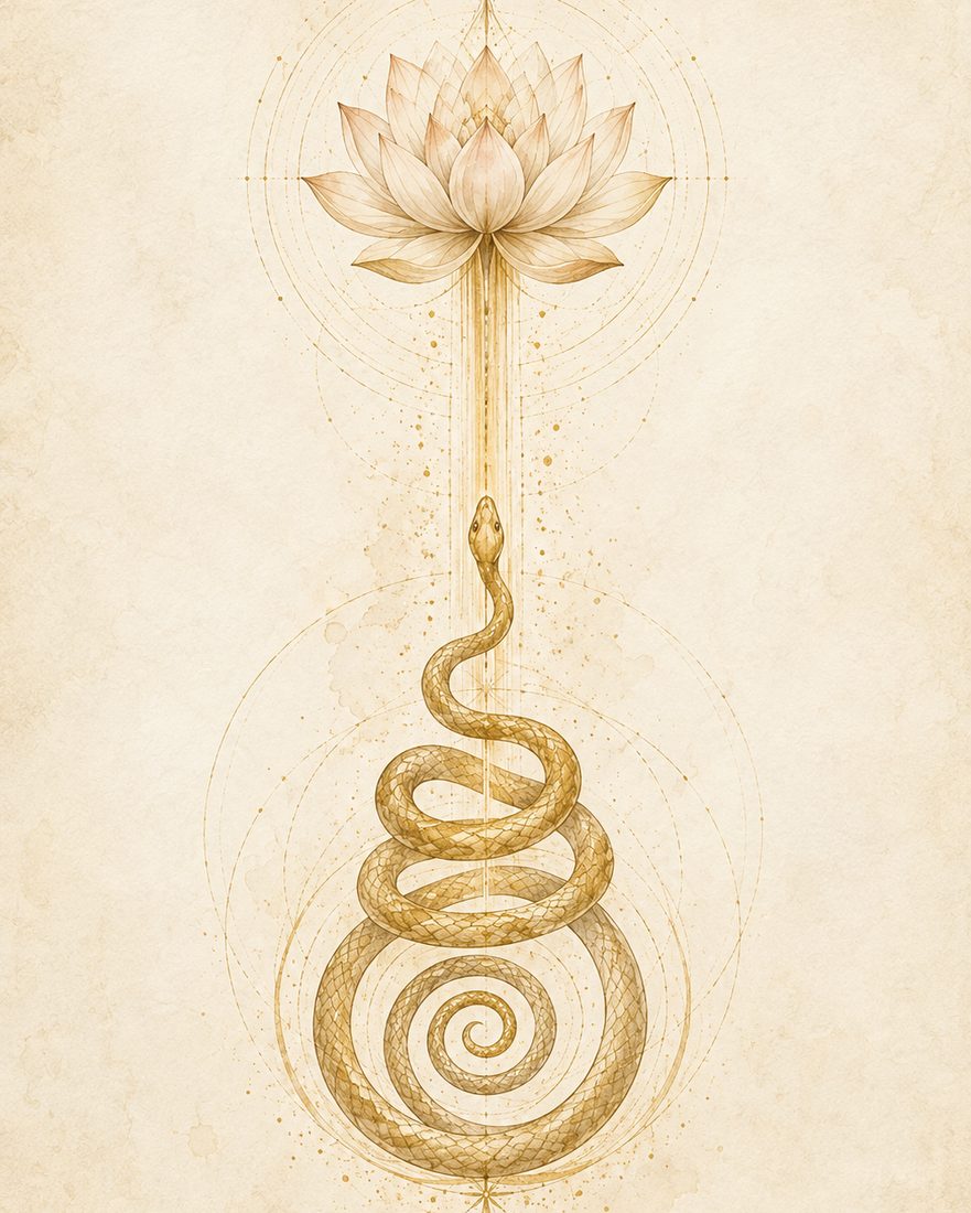 Watercolor of a gold serpent spiral rising into a lotus
