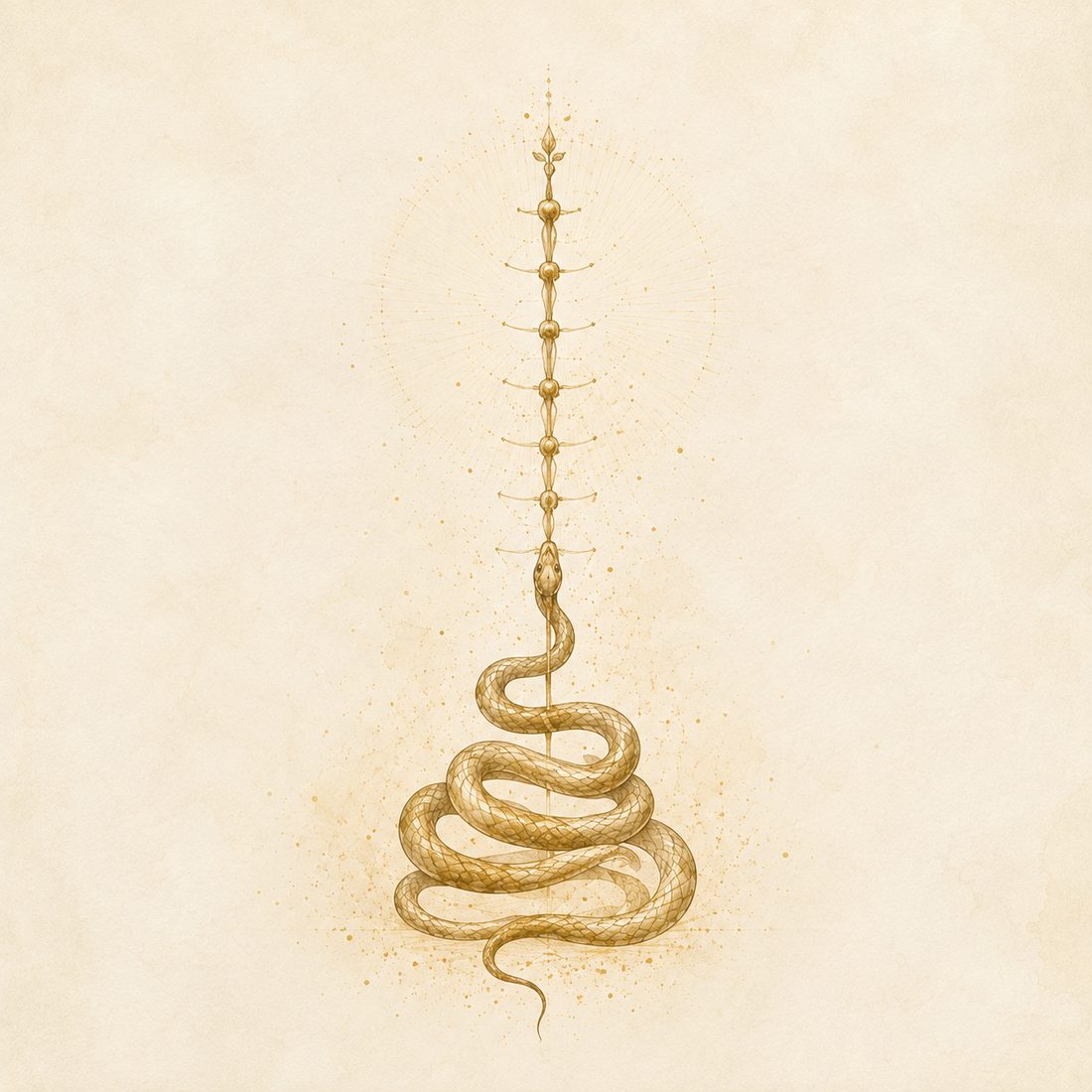 Watercolor plate: a gold serpent coiled at rest beneath a slender spine-like stem of small gold nodes, surrounded by faint gold dust