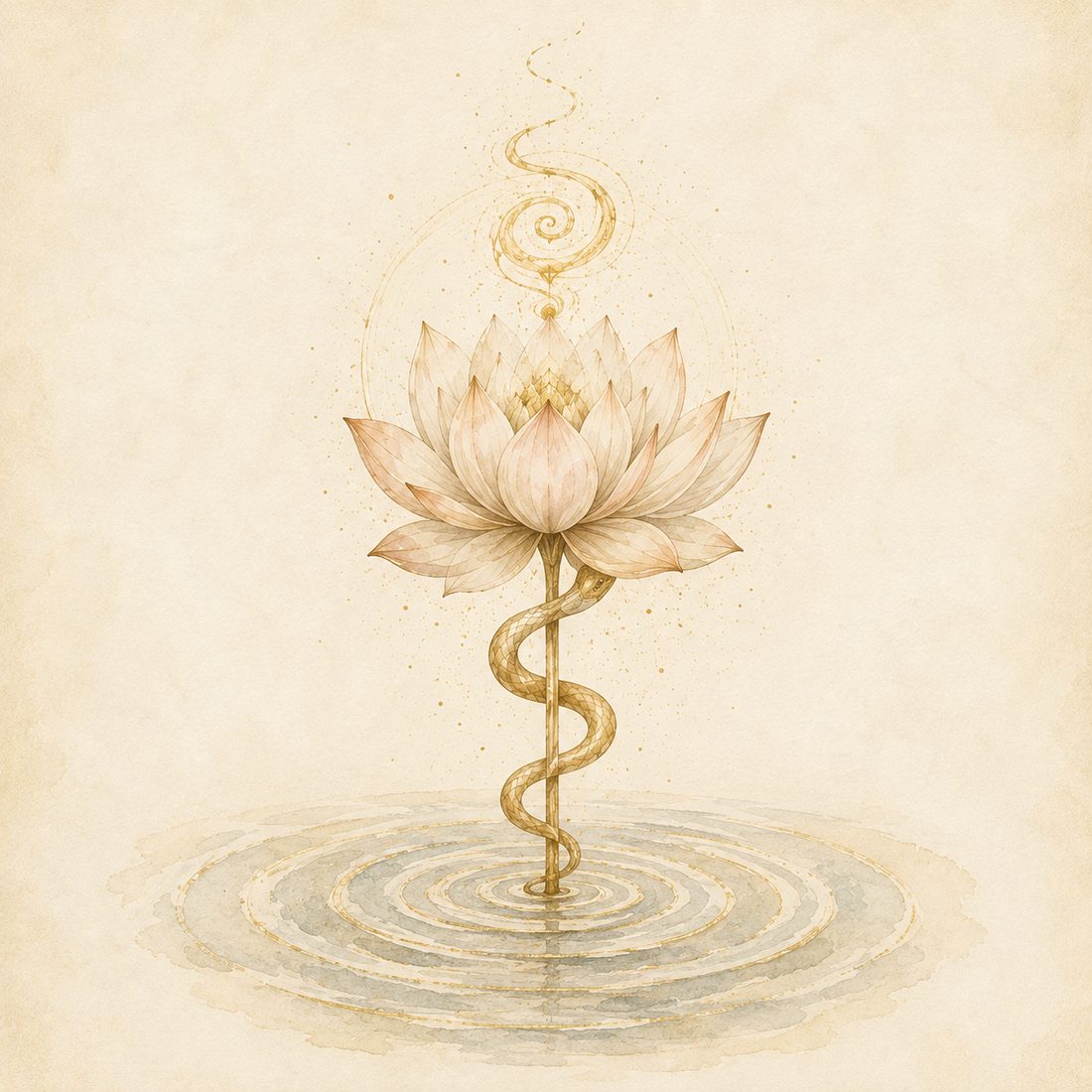 Watercolor plate: a lotus rising from gently rippling water, a delicate gold serpent wound around its stem, a spiral of gold energy lifting above the bloom