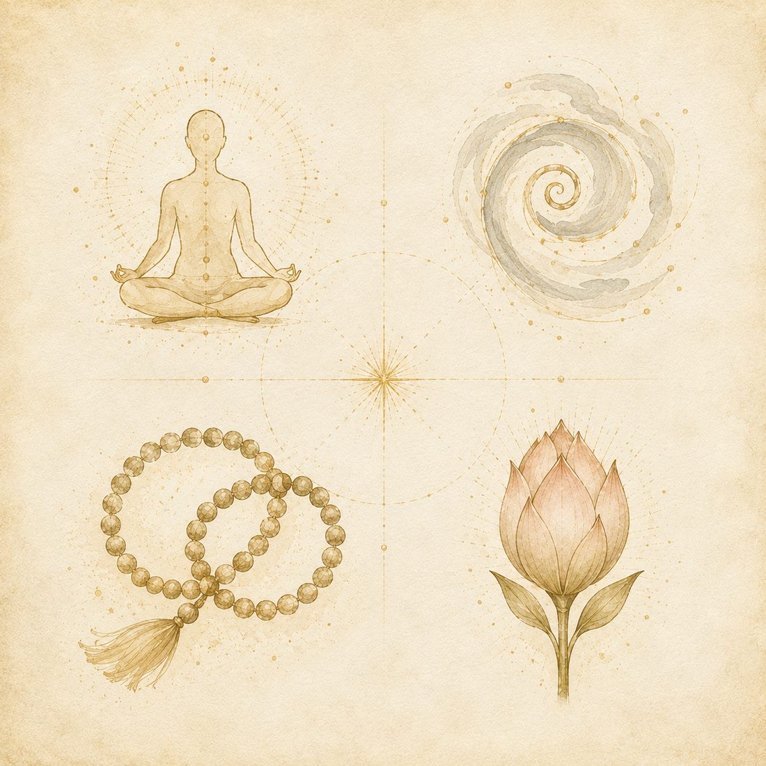 Watercolor plate: four specimens arranged on parchment like a naturalist's findings, a seated meditation figure, a spiral of breath, a strand of mala beads, and a closed lotus bud