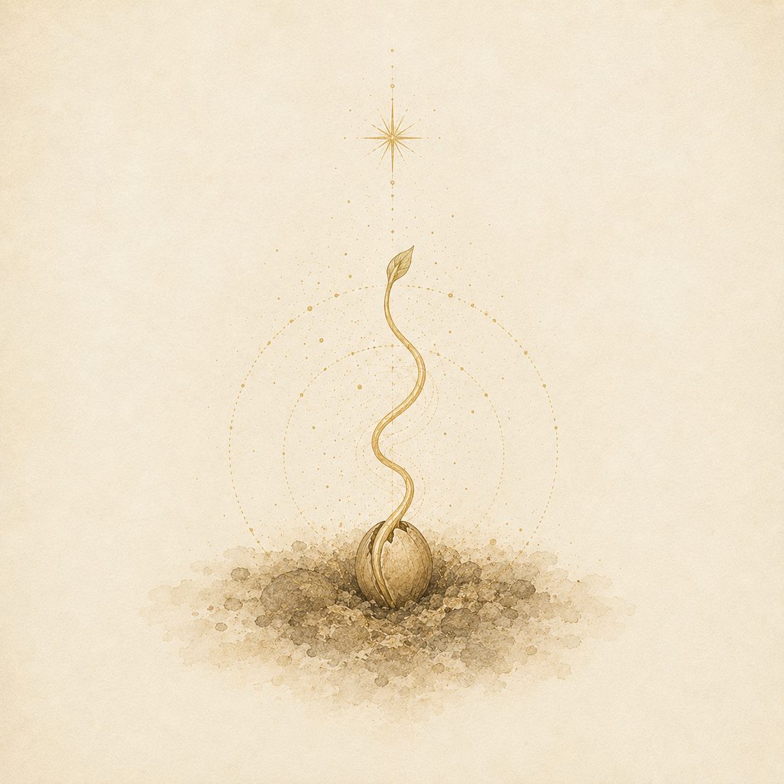 Watercolor plate: a single seed resting in soft earth, a fine gold shoot uncurling upward from it, one faint gold star above
