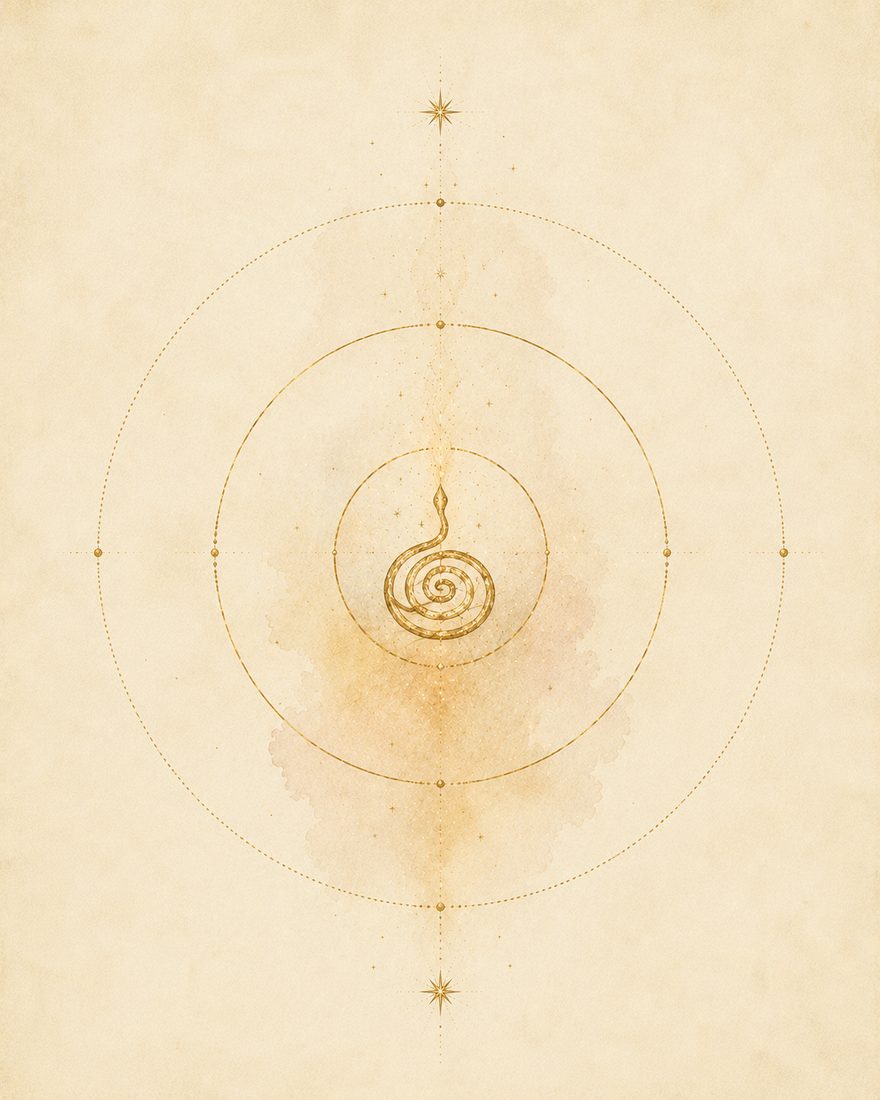 Watercolor plate: three concentric gold circles, each larger and fainter than the last, with a small coiled serpent at the very center