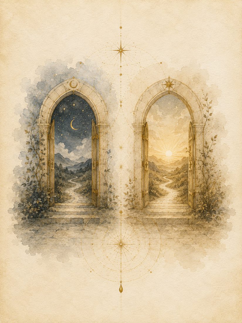 Watercolor plate: two arched stone doorways side by side, one opening onto a starlit night with a crescent moon, the other onto a golden sunrise, a single path meeting beneath them
