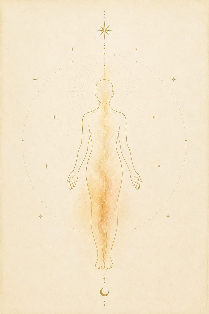 Watercolor plate: a standing figure drawn as a fine gold outline, soft warm watercolor light rising through the center of the body