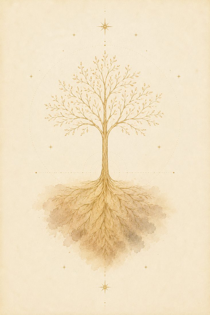 Watercolor plate: a slender tree whose delicate gold-line crown is mirrored exactly by its earth-pigment root system below