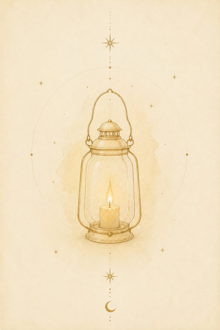 Watercolor plate: a candle burning steadily inside a delicate glass lantern, warm gold light radiating gently outward