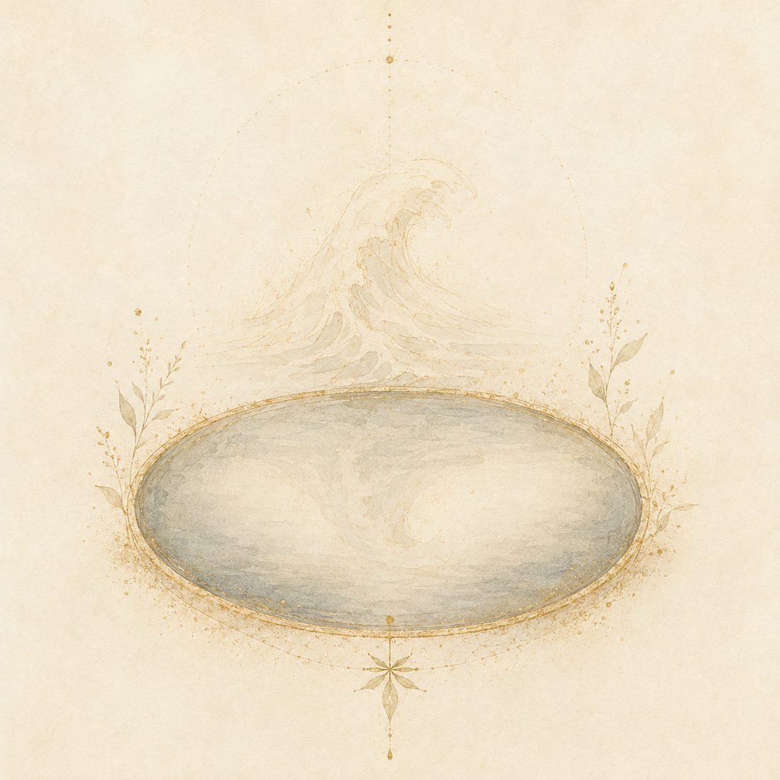 Watercolor plate: a vast wave painted in the palest, faintest wash above a small gold-rimmed pool that lies perfectly still