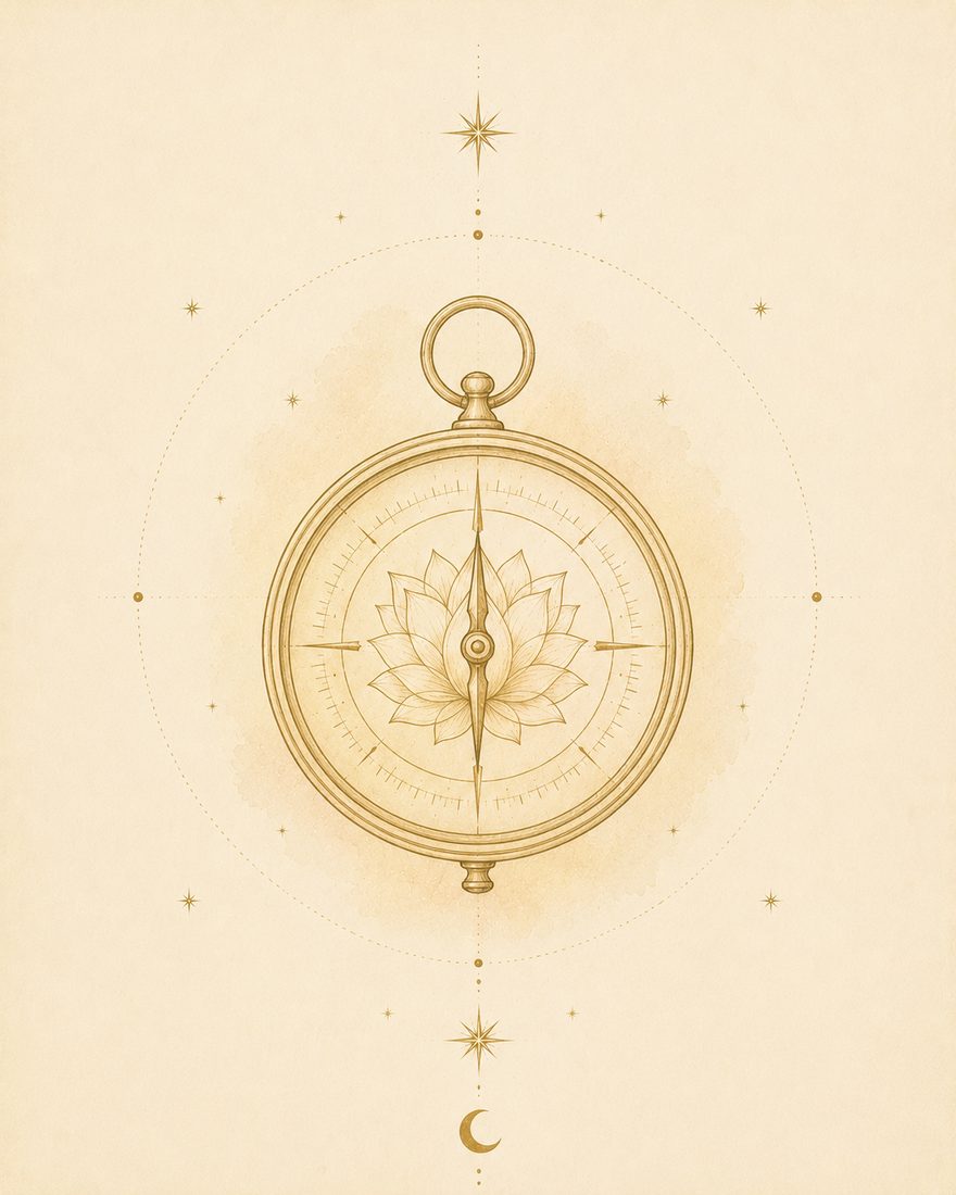 Watercolor plate: an antique hand-held compass with an open lotus at the center of its dial, marked only with fine gold lines