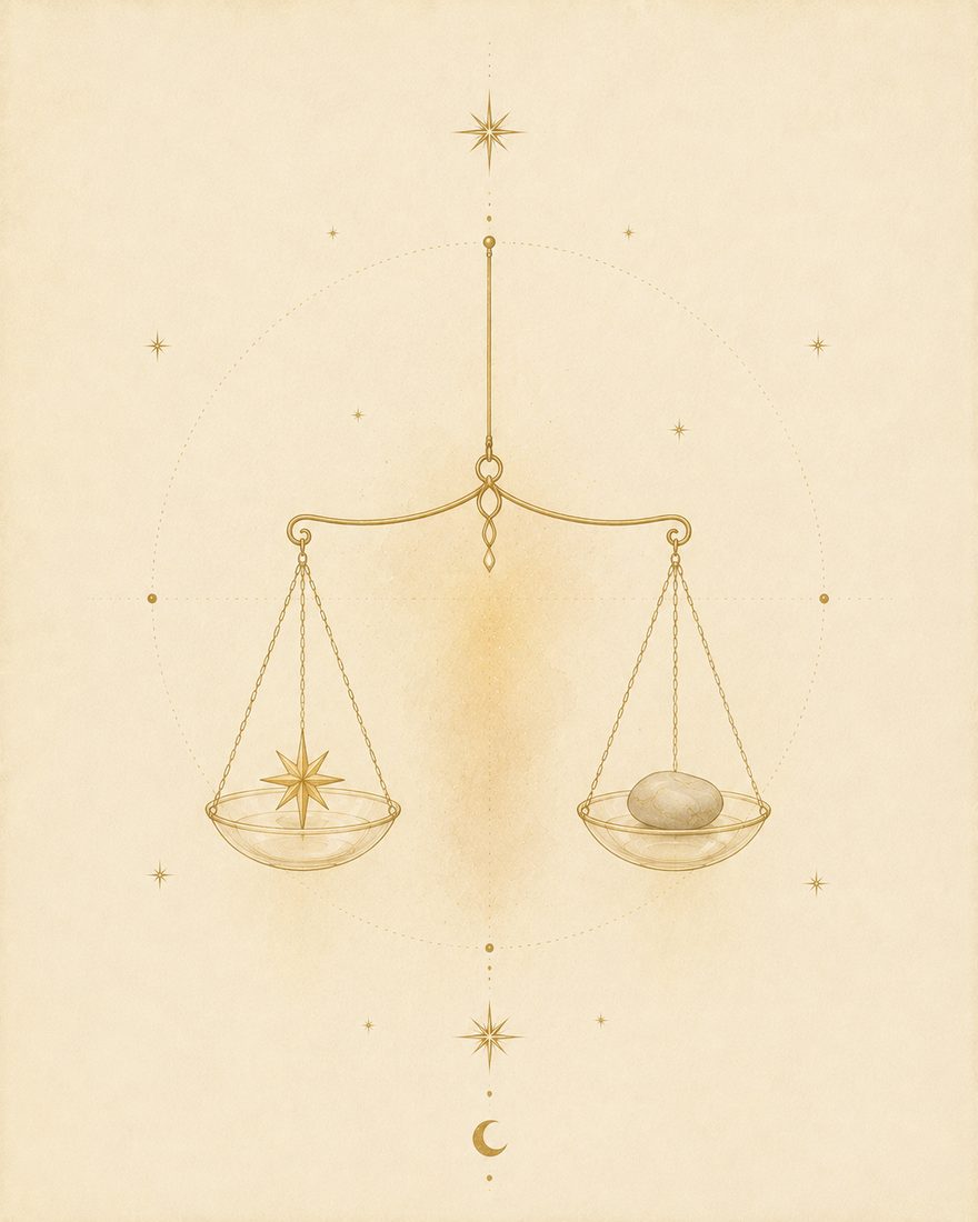 Watercolor plate: a hanging balance suspended from a single gold thread, one bowl holding a star and the other a small smooth stone