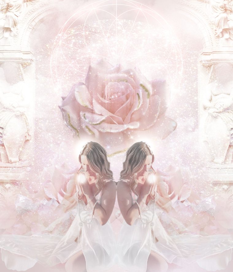 Two mirrored women kneeling in a rose temple beneath a pale blooming rose