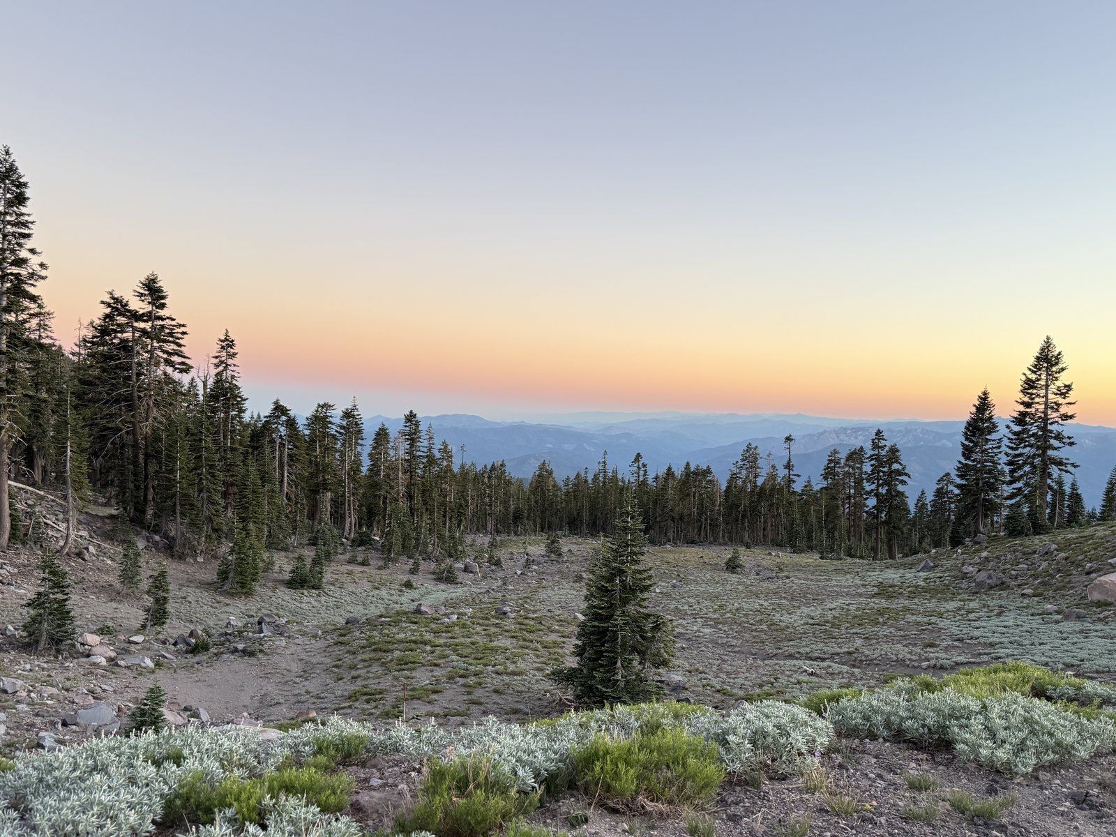 Evening light spreading across the ridgeline above the treeline